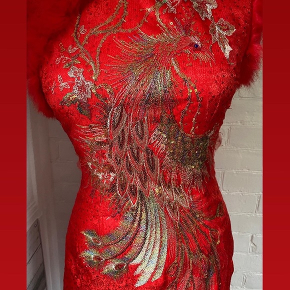 Embroidered mandarin collar dress with rabbit fur trim. - Picture 4 of 8